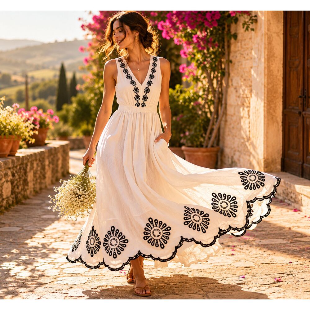 Romantic White Cotton Embroidered Dress XS European Summer Midi Dress